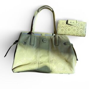 Coach Yellow Perforated Leather Carryall Tote Bag & Wallet Set